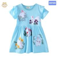 ราคา พร้อมส่งจากไทย ชุดกระโปรงเด็กหญิง เดรสเด็กหญิงผ้าคอตตอน100% เดรสสีฟ้าจุดขาว ปักลายกระต่าย (43003054224)
