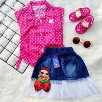 ราคา KEMEJA [0-5th] GIRLS SHORT JEANS SKIRT SET SHIRT 0 1 2 3 4 5 ปี POLKADOT STRIPE MOTIF / GIRLS JEANS SKIRT SET WITH DRAWSTRING HEM (40805720890)