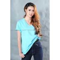 ราคา เสื้อยืด แฟชั่น ผู้หญิง ทรงตรง T-Shirt Cotton 100% คอวี แขนสั้น สีฟ้าอ่อน (1725665595)