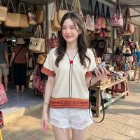 ราคา CNX - เสื้อผ้าฝ้ายคอวีหน้าหลัง แต่งแถบผ้าทอนากา ทรงแขนลวดไหล่ (ลายผ้าทอแต่งคละสี) (45957974914)