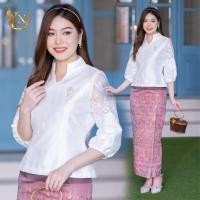 ราคา ชุดผ้าไหม ชุดออกงาน ไปวัด ทำบุญ - ชุดผ้าไหมแพรทิพย์ แต่งลูกไม้ฝรั่งเศส รุ่นดวิกา (ขาว) (24920264968)