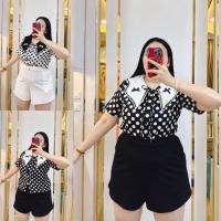 ราคา ชุดเซ็ทลายจุดสาวอวบ เสื้อคอปกใหญ่ + กางเกงขาสั้น อก 38-46" (47702750799)