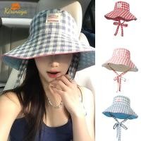 ราคา ส่งเร็วหมวกบักเก็ตลายสก็อต ผูกเชือก ผู้หญิง ฤดูร้อน ป้องกันแสงแดด หมวกกันแดด ปีกหมวกกว้าง-Kirinaya (48252305245)