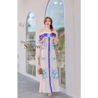 ราคา (s,xl) เดรสยาว เดรสปาดไหล่ สีละมุนมากๆ งานปัก งานป้าย the show (19419653595)