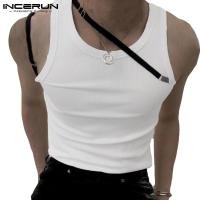 ราคา INCERUN Men Summer Patchwork Lace Up Strappy Slim Fit Casual Knit Tank Tops (14037242880)