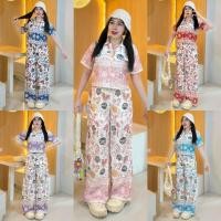 ราคา MM20555 Set 2 ชิ้น เสื้อเชิ้ตแขนสั้นพิมพ์ลาย แบบครอป + กางเกงขากระบอกยาว เสื้อครอป (24672325290)
