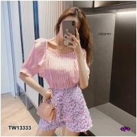 ราคา SS13333 Shirt Set 2 ชิ้น เสื้อแขนตุ๊กตา อกจีบ + กางเกงลายดอกขาสั้น (7946759649)