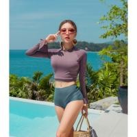 ราคา ชุดว่ายน้ำแขนยาว ทูพีซ สีม่วงมังคุด พาสเทล หรูหรา ซีทรูด้านหลัง เซ็กซี่ (5961611894)