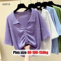 ราคา Plus size เสื้อผ้าสาวอวบ❤ เสื้อยืดสาวอวบอ้วน ไซส์ใหญ่ ผู้หญิง เสื้อไหมพรม ทรงหลวม แขนสั้น คอปก เชือกรูด ฤดูร้อน สไตล์เกาหลีแฟชั่ (18039492793)