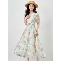 ราคา 2024 Summer new women's printed V-neck high-waist maternity dress polyester long A-line skirt slimming chic style (25084339349)