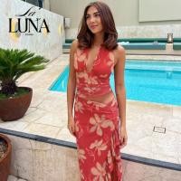ราคา laluna [ พร้อมส่ง ] - เดรสยาวลายดอก คล้องคอ แต่งระบาย เว้าเอว สีแดง สำหรับผู้หญิง (55809218936)