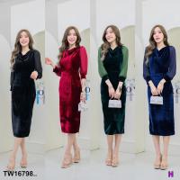 ราคา SS16798 Dress เดรสกำมะหยี่ แขนยาวแต่งแขนชีฟอง คอถ่วง.. (18958888251)