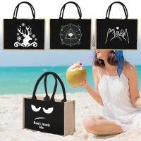ราคา กระเป๋าถือผ้าลินินกระสอบกระสอบเลียนแบบกระสอบผ้าลินินถุงช้อปปิ้งผู้หญิงลายด้วยลายสีขาว (28020445367)