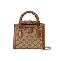 ราคา Gucci 23 กระเป๋าถือสตรีขนาดเล็ก Camel/Ebony Canvas Crystal Finish Bamboo Handle (27260385229)