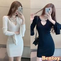 ราคา ผู้หญิงเสื้อเดี่ยว เสื้อแถวเดียว Bentoy*พร้อมส่ง*ชุดเดรสไหมพรมแขนยาวแต่งโซ่ว์หน้าวีงายสวยNO.6706-1 (17520718021)