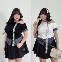 ราคา เสื้อครอปปาดไหล่ อก38-52นิ้ว เสื้อครอปสาวอวบ plussize (48701487583)