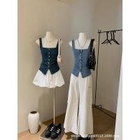 ราคา High-End Niche Design เวอร์ชั่นเกาหลีสแควร์คอ Buttoned Slim-fit สาวร้อน Camisole Sleeve Denim Vest Top1506032 (42981393568)