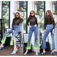 ราคา Back up denims BU 6911 กางเกงยีนส์ขาม้าผ่าขาลายไฟสีเขียว (5817706225)