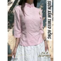 ราคา [2มือ] เสื้อกี่เพ้าแขนสั้นผ้าทวีตสีชมพูสวย (42474349069)