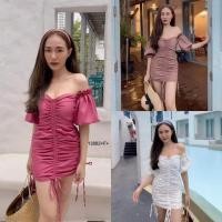 ราคา เดรสสั้นเกาะอก แขนเปิดไหล่ยางยืด แขนตุ๊กตาซิปหลัง รูดด้านหน้า (3177963165)