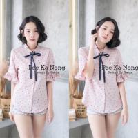 ราคา เสื้อคอจีน แขนสั้น ลายจุด แขนระบาย โบว์ คอ (1812372662)