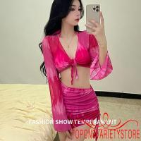 ราคา Topone-women 4 ชิ้นบิกินี่ชุดว่ายน้ําแขนยาว Knot Tops Bra ทองกระโปรงชุดว่ายน้ํา (24625605068)