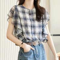 ราคา {พร้อมส่ง}รุ่น(AI-ลายสก็อต18) เสื้อแขนสั้นสีฟ้าลายสก็อต ผ้าไหมอิตาลี เป็นงานแขนล้ำแต่งระบายตรงช่วงแขนดีเทลกระดุมผ่ากลาง (29150298338)