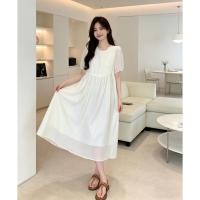 ราคา 2026 ฤดูร้อนใหม่สไตล์เกาหลีสีทึบรอบคอจีบหลวมแขนสั้นชุดคลุมท้อง (45710811023)