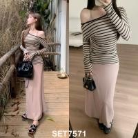 ราคา [FG] Solene Casual Set Stripe Blouse with Halter Slip Dress / Blouse Dress Set SET7571 (49600290932)