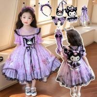 ราคา Kids Kuromi Star Printed Lolita Princess Girls Purple Mid-Calf Short Sleeves Long Dress Baby Girl Birthday Outfit Kuromi Gown Halloween Costume (25043158783)