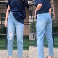 ราคา ⭐ส่งไวจากไทย⭐AL-CP003 (S-3XL) กางเกงยีนส์เอวสูง กางเกงยีนส์ทรงบอย แต่งขาดด้านหน้า (9913) (ไม่รวมเข็มขัด) (6229206161)
