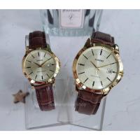 ราคา Casio นาฬิกาคู่รัก รุ่น MTP-V004GL และ LTP-V004GL นาฬิกาสายหนัง ขอบหน้าปัดสีทอง-ของแท้ 100% รับประกันสินค้า 1 ปี (22129501515)