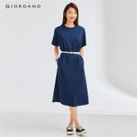 ราคา GIORDANO WOMEN Solid color crewneck short sleeve loose dress 05463460 (27573647006)