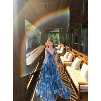 ราคา เดรสยาวเนื้อผ้าชีฟองสีน้ำเงินลายดอก แหวกอก แต่งระบายที่ (19393205813)