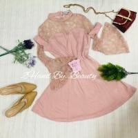 ราคา B21เดรสสั้นผ้ายืดแต่งลูกไม้แขนยาวสีชมพูกะปิ (8782567588)