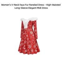 ราคา C Autumn & Winter Women's V-Neck Fur Paneled Dress - High-Waisted Long-Sleeve Elegant Midi Dress Fo (54551443301)