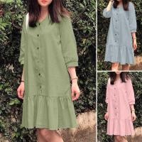 ราคา ▣ Womens Casual Loose A-E Dresses 3/4 Sleeve Ruffle Trim Shirtdress Plain Midi Dress #8 (26068054538)