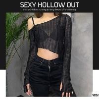 ราคา Spring Women Solid Color Sexy Hollow Out Irregular Long Sleeve Off Shoulder Blouse YES (27650549934)