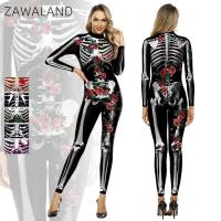 ราคา Zawaland ฮาโลวีนโครงกระดูกเครื่องแต่งกายคอสเพลย์โครงกระดูกพิมพ์ Zentai ชุดผู้หญิงผู้ชาย Dia De Muertos Carnival Dress Up Jumpsuits (24848150876)