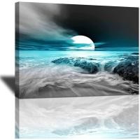 ราคา Teal Grey Coastal Beach Canvas Wall Art งานศิลปะสีดําและสีขาว Blue Sea Ocean Moon View Nature Land (41381667390)