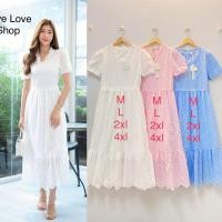 ราคา เดรสขาวงานบุญ!!! M-4XL Maxi Dress เดรสสีพาสเทล,เดรสสีขาวผ้าฉลุลายแขนพอง งานป้าย Love love (25182598180)