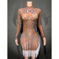 ราคา Rhinestone Glitter เพิร์ลสีขาวพู่คอสูงตาข่ายกระโปรงสั้นบาร (28703790007)