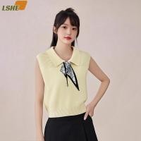 ราคา [LSHE] เสื้อกั๊กแขนกุดทรงหลวมสไตล์แฟชั่นและลําลองที่ตัดกันสีกรมท่าผูกปมหวานใหม่ (41131661488)