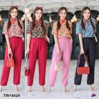 ราคา B14424 Set #สาวอวบ เสื้อคอจีนลายดอก+กางเกงขายาว Set #chubby girl, flower pattern shirt + long pants (15932831293)
