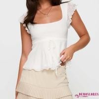 ราคา Demonlores-ผู้หญิงฤดูร้อน Slim Cropped Tops Flying Sleeve Square Neck Tie Bow Front Jacquard เสื้อยืด (43606686444)
