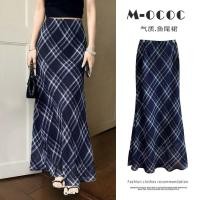 ราคา Retro Art Blues Light Tulle Textured กระโปรงลายสก๊อตผู้หญิง Fishtail กระโปรง Slimmer ดูลายสก๊อตกระโปรงยาว (46611941127)