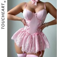 ราคา Y Toucheart Lace Fancy Patchwork Garters Sexy Lingerie Girly Pink Corset Dress Stocking Matching Cute Sexy Uniform Linge (45610684026)