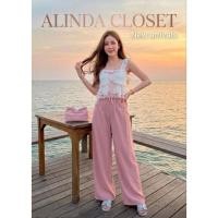 ราคา ᯓ ★ ชุดเซ็ทเสื้อสายเดี่ยวผ้าลูกไม้สีขาวแต่งขอบระบาย+กางเกงขายาวสีชมพู ผ้าดี ทรงสวย (40731533306)