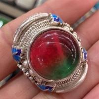 ราคา โบราณโบราณโบราณเก่าทิเบตเก่าเงิน Cloisonne ฝังสองสีทัวร์มาลีนจี้ที่มีสีสันแหวนแหวนของขวัญคอลเลกชัน (44081488951)