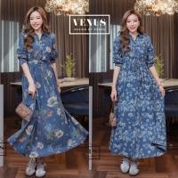 ราคา Jeans Floral Long Sleeve Rope Maxi Dress Shirt (55407708937)